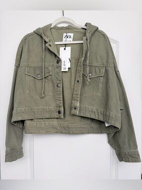 NWT ZARA Cropped Olive Hooded Denim-Style Jacket